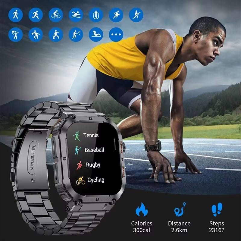 Outdoor Sports Fitness Smartwatch for Men 1.96 Inch Screen Bluetooth Calling Waterproof Watches Blood Oxygen Reloj Hombre